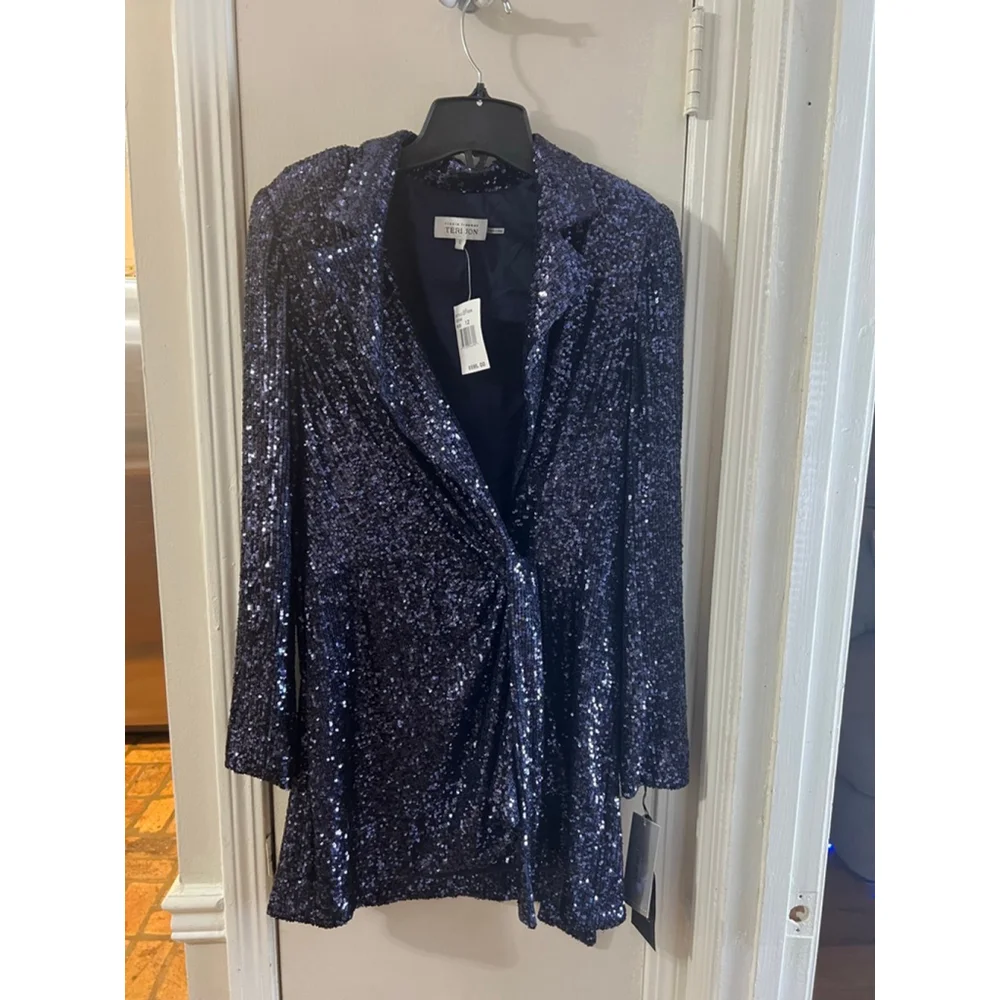 NWT $595 Rickie Freeman for Teri Jon Blue Sequin Wrap Dress Blazer SZ 12 - Picture 4 of 8